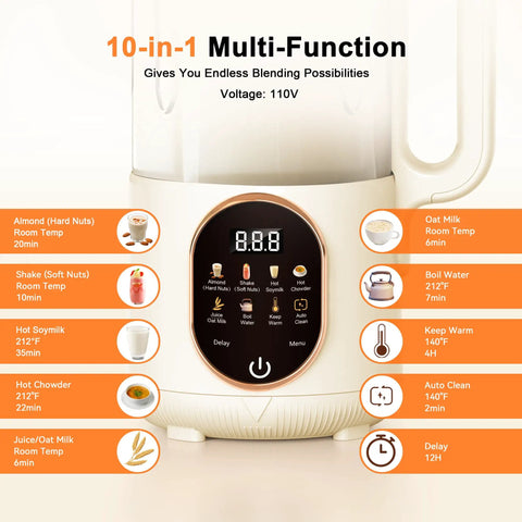 Close-up of 50 Oz Nut Milk Maker With 10 In 1 Functions And 20 Blades For Almond Cashew Coconut Oat Milk Plant Based Bevs Plus Chowder Juice Soy Milk Delay Start Boil Water Keep Warm And Auto Clean, digital display
