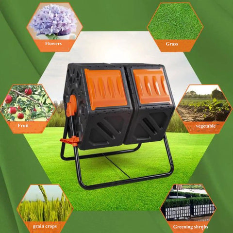 Outdoor And Indoor 60L 15.8 Gallon Tumbling Compost Bin With Lid In Bright Orange for easy composting in garden or balcony.