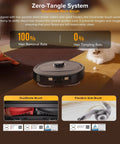 roborock Qrevo S5V robot vacuum and mop, front view, black on floor with DuoDivide main brush and FlexiArm brushes