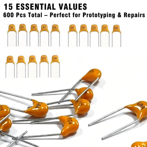 Detailed view of 15 essential ceramic capacitors from the 600 Piece Ceramic Capacitor Assortment Kit With 15 Essential Values From 10pF To 100nF.