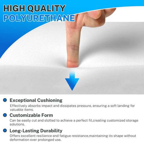 Top Tier Polyurethane Foam Sheets, Heavy Duty Cushion Mat with finger pressing down for softness and durability.
