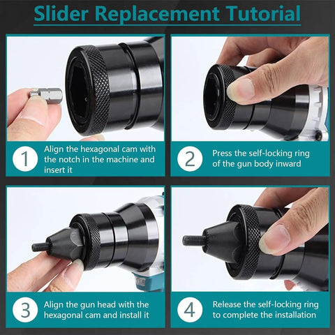 Slider replacement tutorial for Portable Cordless Rivet Gun Brushless Electric Blind Riveter Kit with step-by-step instructions.