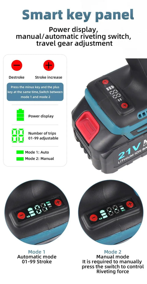 Smart key panel of Heavy Duty Cordless Electric Rivet Nut Gun With Automatic Fastening For M3 Through M12 Nuts.