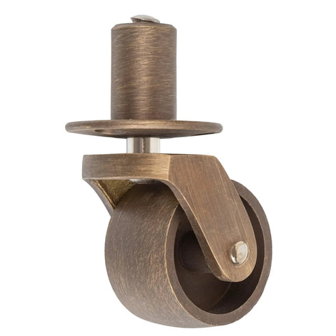 Old School Antique Brass Stem Casters With Round Plate Slick Rolling Furniture Wheels For Tables Chairs Dressers And Cabinets side view of solid brass caster wheel