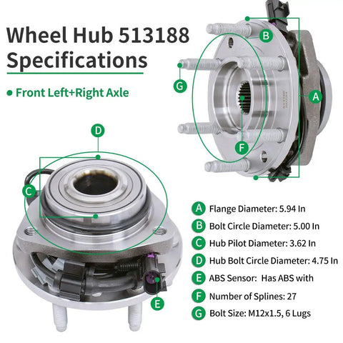 Original 513188 Front Wheel Hub Bearing Assembly for Chevy Trailblazer, showing specifications like flange and bolt circle diameters.