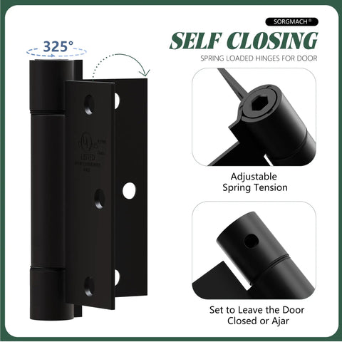 Top Shelf 3 Pack Self Closing Door Hinges 3 1 2 Inch Matte Black adjustable spring tension with 325° swing for interior doors.