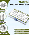 750 Piece Tiny Screws For Plastic And Metal M1.7 To M3 Phillips Pan Head Self Tapping Screws Silver Carbon Steel Kit