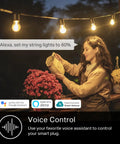 Woman adjusting dimmable string lights with Outdoor Smart Dimmer Plug For Dimmable String Lights, Weather Ready IP64, Works With Alexa, Google Assistant, And SmartThings, 2.4GHz WiFi, No Hub Needed, ETL Certified For Easy Mood Lighting.