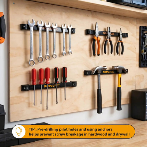 Wall-mounted 12 Inch Magnetic Tool Holder Strip for Garage and Workshop Handy Heavy Duty Metal Magnet Bar Organizer with tools.