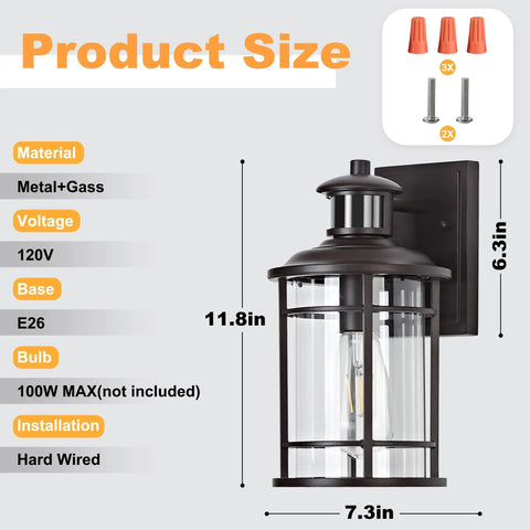 Heavy Duty Motion Sensor Outdoor Wall Lights Dusk To Dawn Porch Light Brown Waterproof Fixture Offering Three Easy Switch Modes And Wide Forty Foot Range For Truly Hassle Free Security Two Pack showing dimensions and installation details.