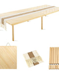Folding Picnic Table With Table Runner Portable Boho Wooden Table 80 By 30 Inches With Adjustable Heights For Indoor Outdoor Use Ideal For Camping Beach Wedding Gardens And Parties Large Table For Eight; shown folded and unfolded with table accessories.