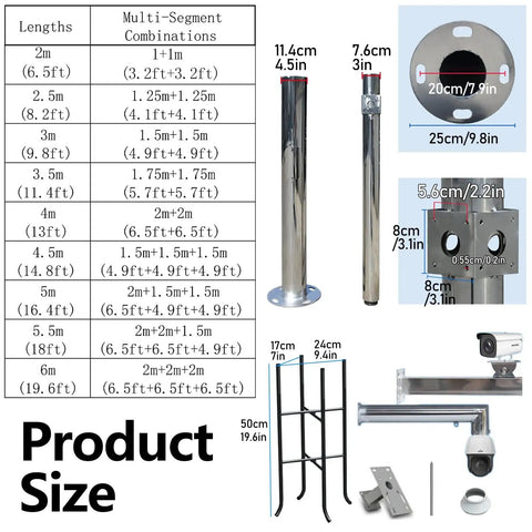 Heavy Duty Stainless Steel Outdoor Security Camera Pole Mount Bracket, Portable 11.4 Ft Surveillance Stand with Three Cross Arm Options for Dome, Gun-Type, or Wide-View Cameras, Weather Resistant