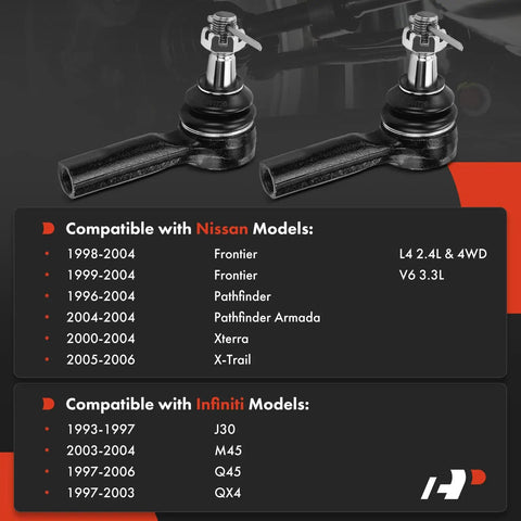 Two Pack Front Outer Tie Rod Ends 14 mm Thread Compatible With Nissan Frontier Xterra Pathfinder Armada J30 Q45 QX4 M45 Four Wheel Drive Models Infiniti SUVs Beefed Up Handling. pair of black metal tie rod ends, 14 mm thread, for Nissan and Infiniti steering