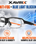 Kickass Real Deal Bifocal Photochromic Reader Safety Glasses With Side Shields Antifog UV400 Blue Light Blocking Plus 2.5 Magnification close-up with anti-fog feature.