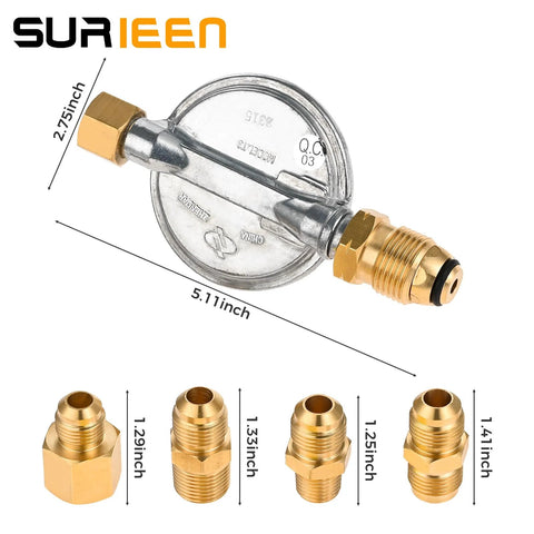 Surieen propane low-pressure regulator with four brass adapters for grills and stoves; metal regulator body.