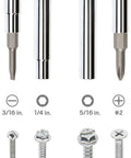 Six In One Phillips And Slotted Multi Bit Driver Kit with Handy Compact Handle and Nut Driver Bit Tube, showing bit sizes and screws