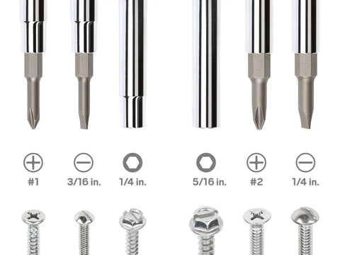 Six In One Phillips And Slotted Multi Bit Driver Kit with Handy Compact Handle and Nut Driver Bit Tube, showing bit sizes and screws