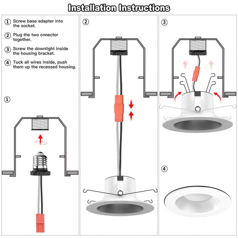 Installation instructions for Smart 4 Inch Recessed LED Downlight Kit 6 Pack With Bluetooth Mesh For Ceiling RGB CCT Color Changing.