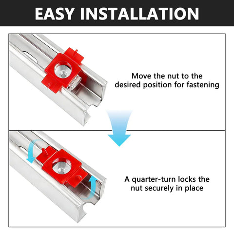 50 Piece Pack 1/4 20 Red Nylon Strut Channel Cone Nuts Twist Lock Hardware Fasteners For Metal Framing showing easy installation.