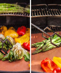 Set Of 6 Copper Grill Mats For Outdoor Grilling Nonstick Heavy Duty Reusable Easy To Clean For Electric Gas Charcoal Grills RV Camper BBQ Accessories No Fuss shown with vegetables on grill mats