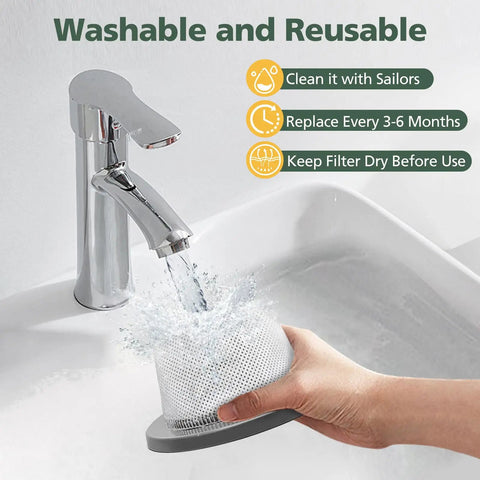 6 Pack Replacement Vacuum Filter Set held under running water for cleaning, showcasing washable feature, suitable for Featherweight 2033 Series.