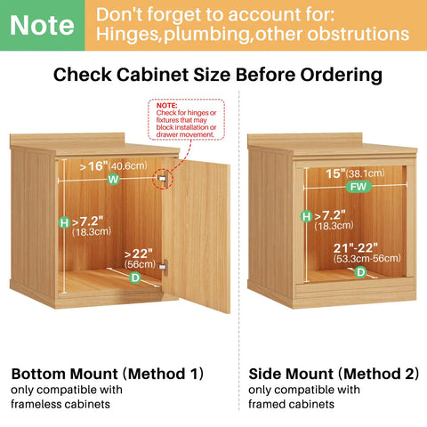 Heavy Duty Soft Close Wood Cabinet Pull Out Organizer With Full Extension Roll Out Shelf For Kitchen Pantry And Closet Slick Glide Easy Install Storage Rack cabinet size guide with mounting options and dimensions.