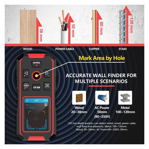 Total Slamdunk 3 In 1 Stud Finder Wall Scanner displaying features for wood, metal, and live wire detection.