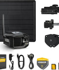 Zero Fuss Off Grid Farm Security Camera Using 4G LTE Cellular Data And Rock Solid Solar Setup, includes camera, solar panel, and accessories.