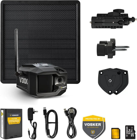 Zero Fuss Off Grid Farm Security Camera Using 4G LTE Cellular Data And Rock Solid Solar Setup, includes camera, solar panel, and accessories.