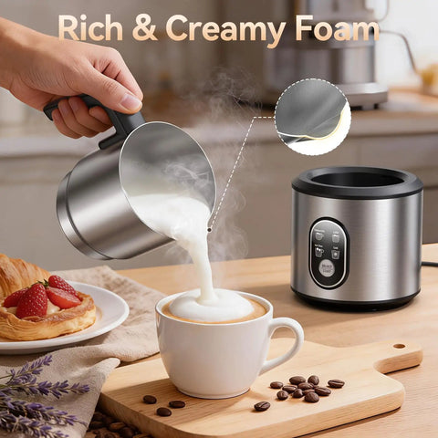 Barista Quality Home Milk Frother And Warmer With Heating Function Four In One Hot And Cold Foam Maker 24 Oz Detachable Stainless Steel Jug pouring foam into cappuccino