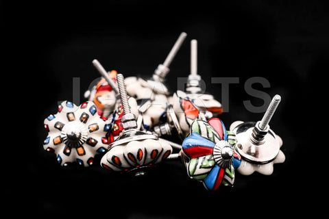 Set Of Ten Totally Rad Vintage Ceramic Drawer Pulls And Cupboard Cabinet Door Knobs Featuring Super Sleek Multicolor Designs Plus Rock Solid Chrome Hardware, close-up of assorted colorful ceramic knobs with shiny metal bases.