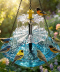 3 Tier Solar Powered Hanging Bird Bath Fountain With Blue Bowl For Hummingbirds in outdoor garden setting