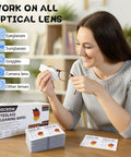 Giaceaw eyeglass cleaning wipes box; 500-count, individually wrapped, front view with woman cleaning glasses.