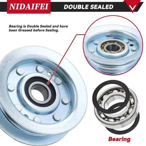 Heavy Duty Idler Pulley Replacement 2 Pack Fits John Deere D140 L130 LA145 GY22172 GY20067 showing double sealed bearing and thickened shell