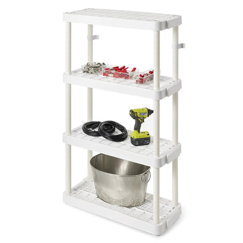 Real Deal Slick Four Tier Adjustable Height Storage Rack For Home Garage Laundry Room And Kitchen Pantry Medium Duty Organizer System Connectible Design White Two Pack Bundle with tools and storage items.