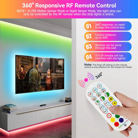 Remote control for Motion Sensor RGB LED Light Strip Kit Two Strips Each Nine Point Eight Feet Long With Remote And App Control Music Sync