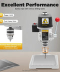 Compact Benchtop Drill Press For Precision Metal And Woodworking Portable Electric Table Drill With Adjustable Speeds CNC Chuck Cast Iron Base Ideal For DIY Jewelry Making And Crafts Vertical And Angled Hole Drilling machine on table.