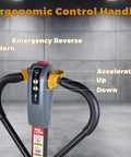 Ergonomic control handle on Heavy Duty Electric Pallet Jack 3300 Lbs Load Capacity With Dual Lithium Batteries, features emergency horn and accelerator.