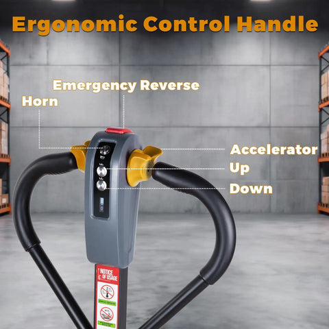Ergonomic control handle on Heavy Duty Electric Pallet Jack 3300 Lbs Load Capacity With Dual Lithium Batteries, features emergency horn and accelerator.