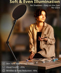 Woman illuminated by 10 Inch Key Light For Streaming With Adjustable Desk Arm providing soft side lighting for video calls.