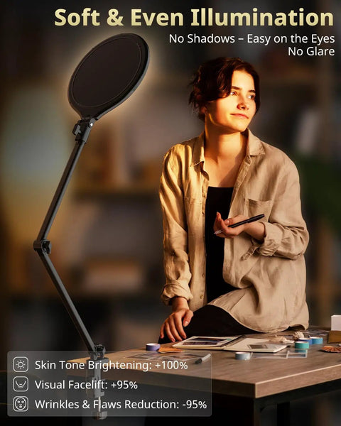 Woman illuminated by 10 Inch Key Light For Streaming With Adjustable Desk Arm providing soft side lighting for video calls.