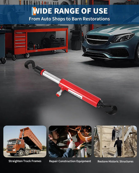 Badass 10 Ton Hydraulic Pull Back Ram For Vehicle Frame Straightening And Collision Body Shop Work With 8100 PSI Carbon Steel Cylinder displays a versatile tool in an auto shop.