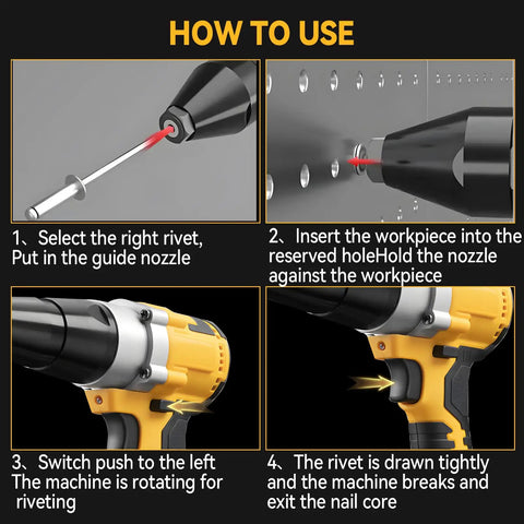 Powerhouse Cordless Brushless Rivet Gun Plays Nicely With Dewalt 20V Batteries Bare Tool showing how to use rivet installation steps.