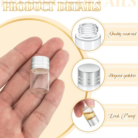 Grab This Top Shelf Haul Of Clear Two Milliliter Mini Glass Vials With Heavy Duty Silver Caps For Travel Cosmetics Diy Builds And Tight Sealing Essential Oil Storage With A Killer Natural Vibe. Hand holding clear glass vial with silver cap.