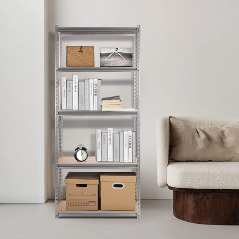 Built Tough Five Tier Storage Shelves With Thick Durable Mdf Boards And Reinforced Steel Frame Fully Adjustable Heavy Duty Shelving Unit For Garage Kitchen Or Office Rock Solid Silver Rack displaying books, boxes, and decor.
