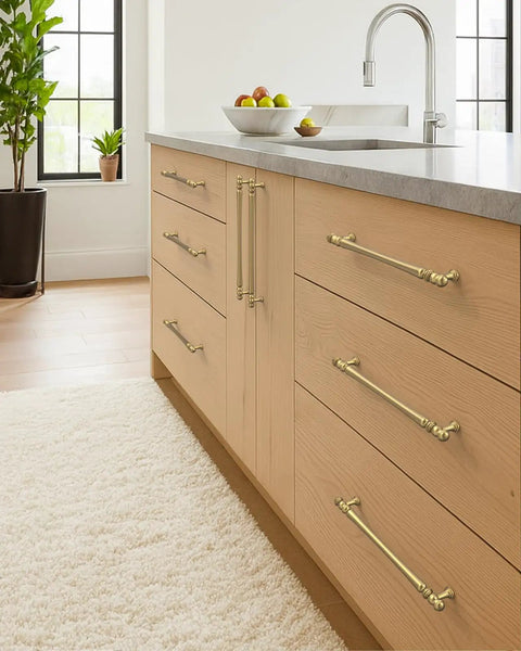 Top Shelf Brushed Brass Cabinet Handles 5 Inch Kitchen Pulls Hella Sturdy Zinc Alloy Rustproof Drawer Knobs on wooden drawers.