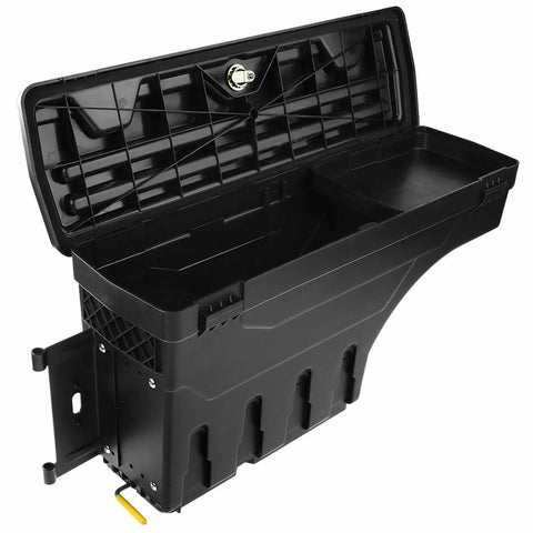 Heavy Duty Left Side Truck Toolbox For Chevy Silverado 1500 And Gmc Sierra 1500 black hardcase opened to show storage space.