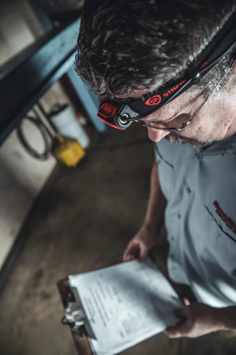 Man using Dual Light Source USB Headlamp Twin Task 375 Lumen Hands Free Night Work Light With Tilt Head in workshop