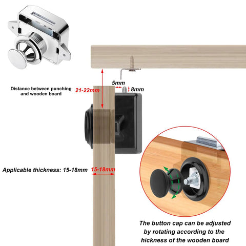 Five Pack Push Button Cabinet Latch Locks for RVs and Home, installation diagram showing zinc alloy lock and dimensions.