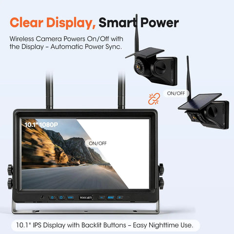 Dual Wireless Backup Camera System With 10.1 Inch HD Monitor showing 10.1" IPS display with wireless cameras for RV use.